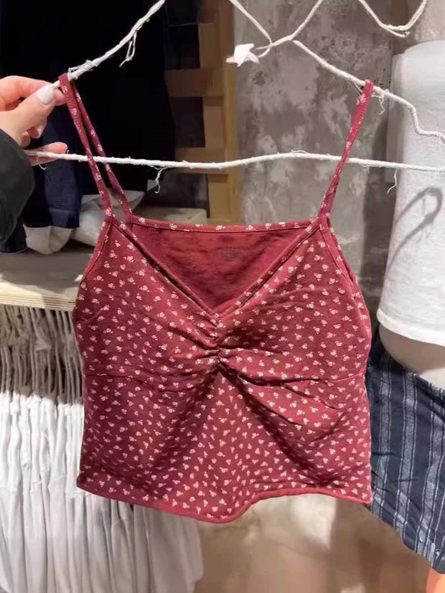 Sweet Red Floral Print Folds V-neck Tank Tops Women Summer New Casual Slim Sexy Sleeveless Vests Vintage Cute Chic Camisole Y2K