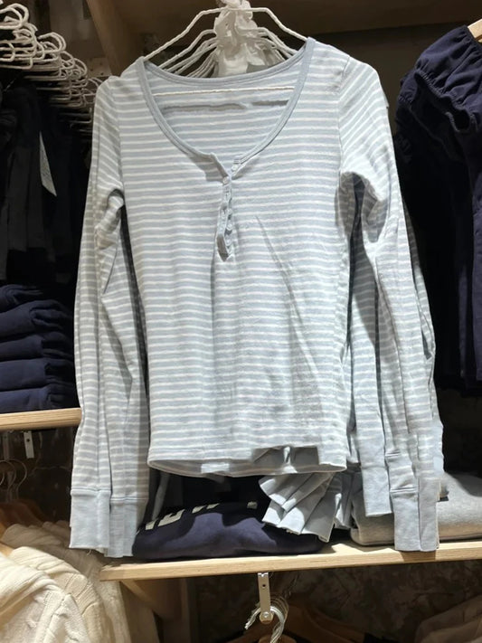 Buttons Striped Long Sleeve Tees Women O-Neck Cotton Slim Patchwork T-shirt Cute Preppy Style Sweet Simple Tshirt Y2K Top New