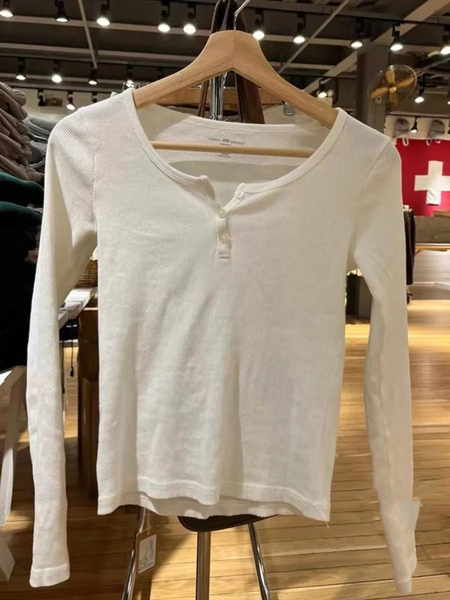 Buttons Ribbed Long Sleeve T-shirts Women Spring Soft Cotton Round Neck Vintage Top Female Solid Simple Y2k Streetwear Tees 2023