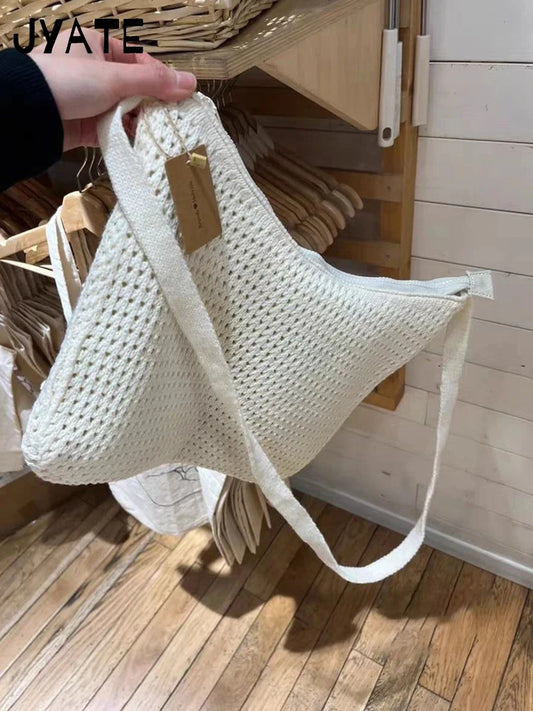 Sweet Beige Knitted Shoulder Bags Ladies Summer Casual High Quality School Style Crossbody Bag Harajuku Vintage Chic Handbags