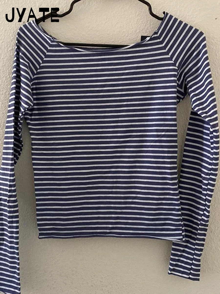 Blue Striped Slash Neck Long Sleeve Tees Women New Cotton Soft Casual Slim Raw Hem Tops Clothes Vintage Sweet Chic T-shirts Y2K