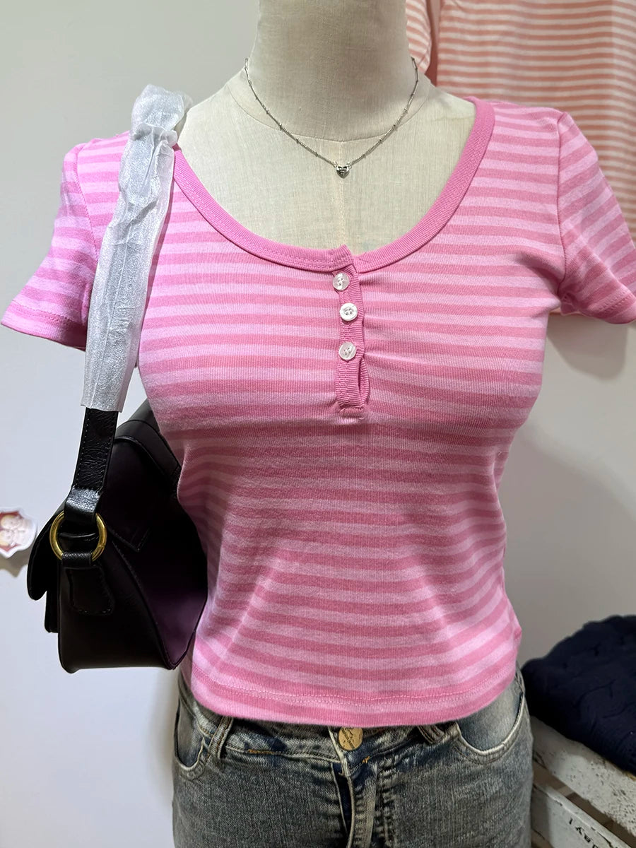 Pink Striped Slim Buttons T-shirts Women New Cotton O-neck Casual Simple Basic Short Sleeve Tees Sweet Cute Girls Tshirt Y2K Top