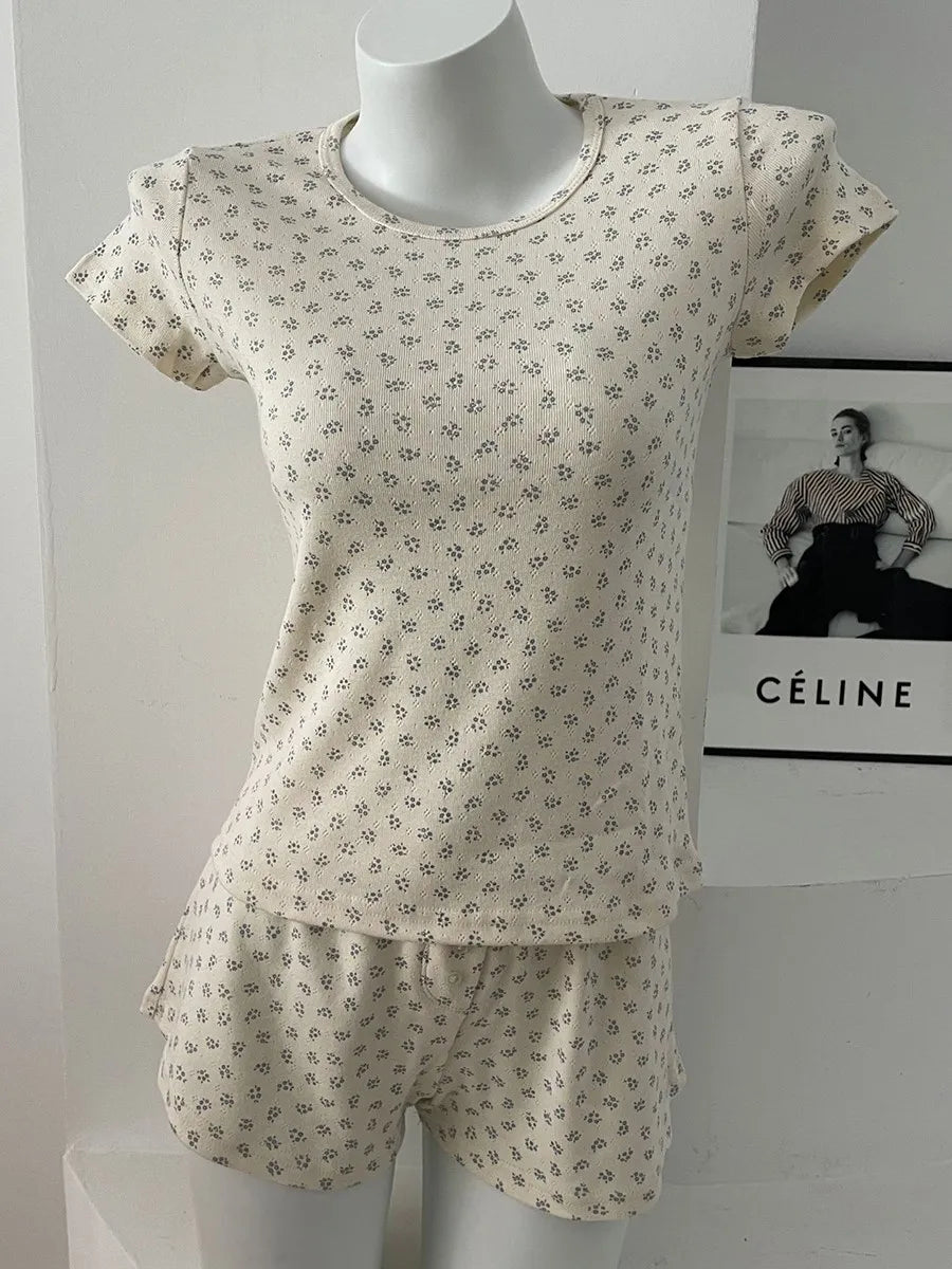 Eyelet Floral Print T-shirt Shorts Outfit Women Cotton O-neck Slim Tees +Buttons Straight Sweatshort Sweet Home 2 Pieces Set New