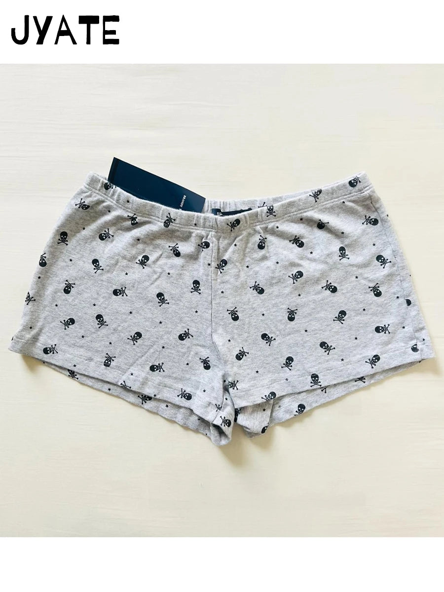 Skull Print Camisole Two Piece Set Women Summer Cotton Tank Tops+Elastic Waist Short Casual Vintage Preppy 2 Sets Y2K