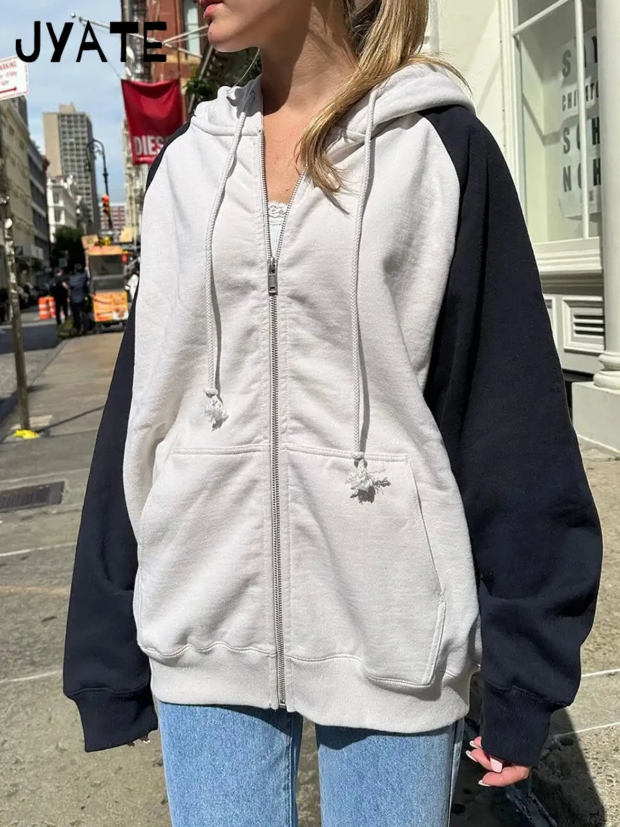 Harajuku Loose Patchwork Zip-up Hoodies Women Autumn Cotton Pockets Drawstring Casual Jacket Tops Vintage Chic Y2K Sweatshirts