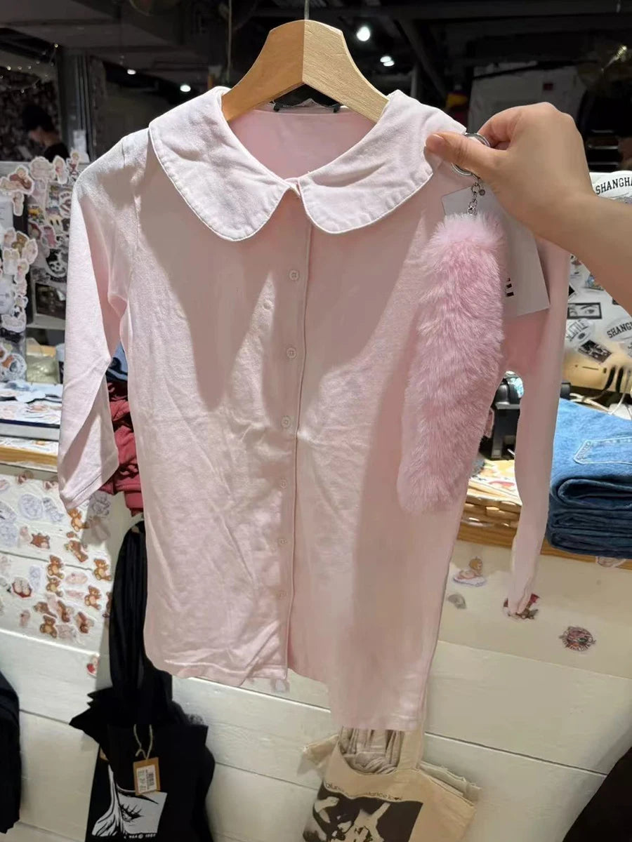 Sweet Pink Button Doll Tops Women Summer New Cotton Casual Turn-down Collar Half Sleeve Tees Female Preppy Style T-shirts Y2K