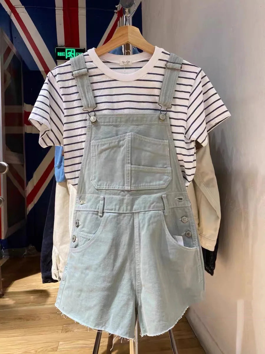 Vintage Pockets High Waist Straight Short Pants Ladies Casual Streetwear Buttons Raw Trim Shorts Vintage Chic Y2K Denim Overalls