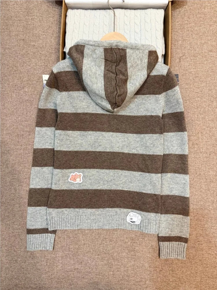 Vintage Gray Striped Cotton Sweater Cardigan Women Autumn Long Sleeve Zipper Knitted Hoodie Preppy Style Chic Sweaters Hooded
