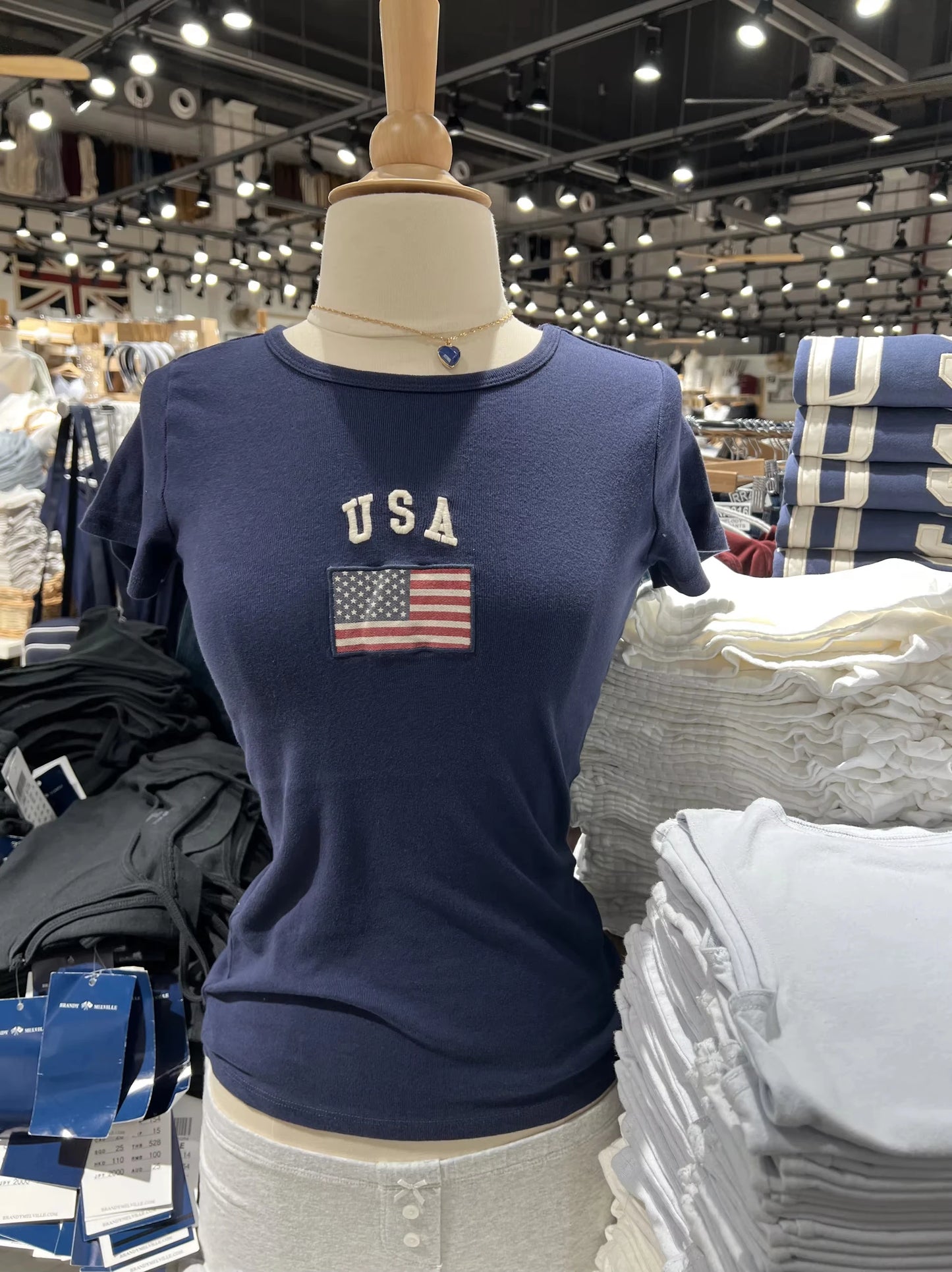Vintage Flag Embroidery Slim T-shirt Women Summer Navy Cotton O-neck Short Sleeve Tee Shirts Cute Preppy Style Tshirt Y2K Tops