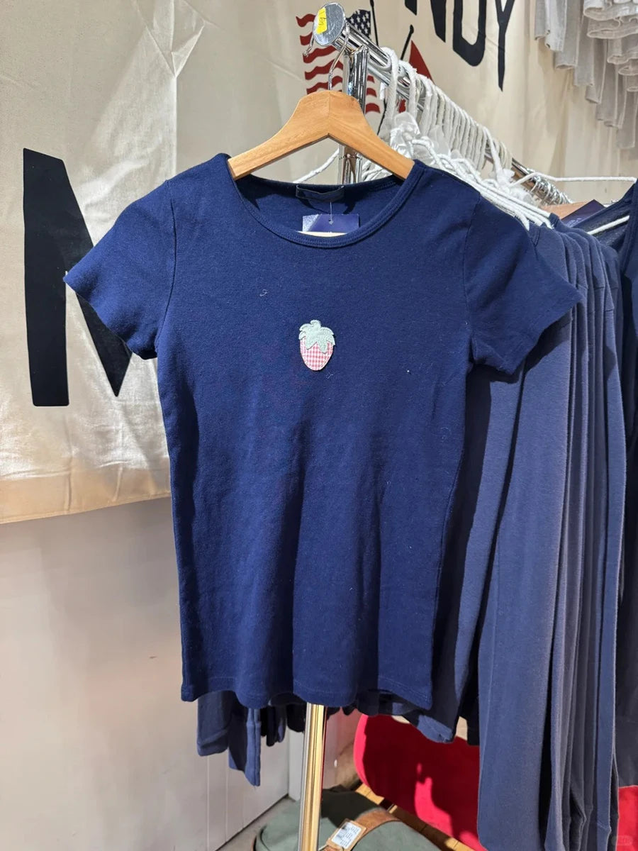 Vintage Flag Embroidery Slim T-shirt Women Summer Navy Cotton O-neck Short Sleeve Tee Shirts Cute Preppy Style Tshirt Y2K Tops