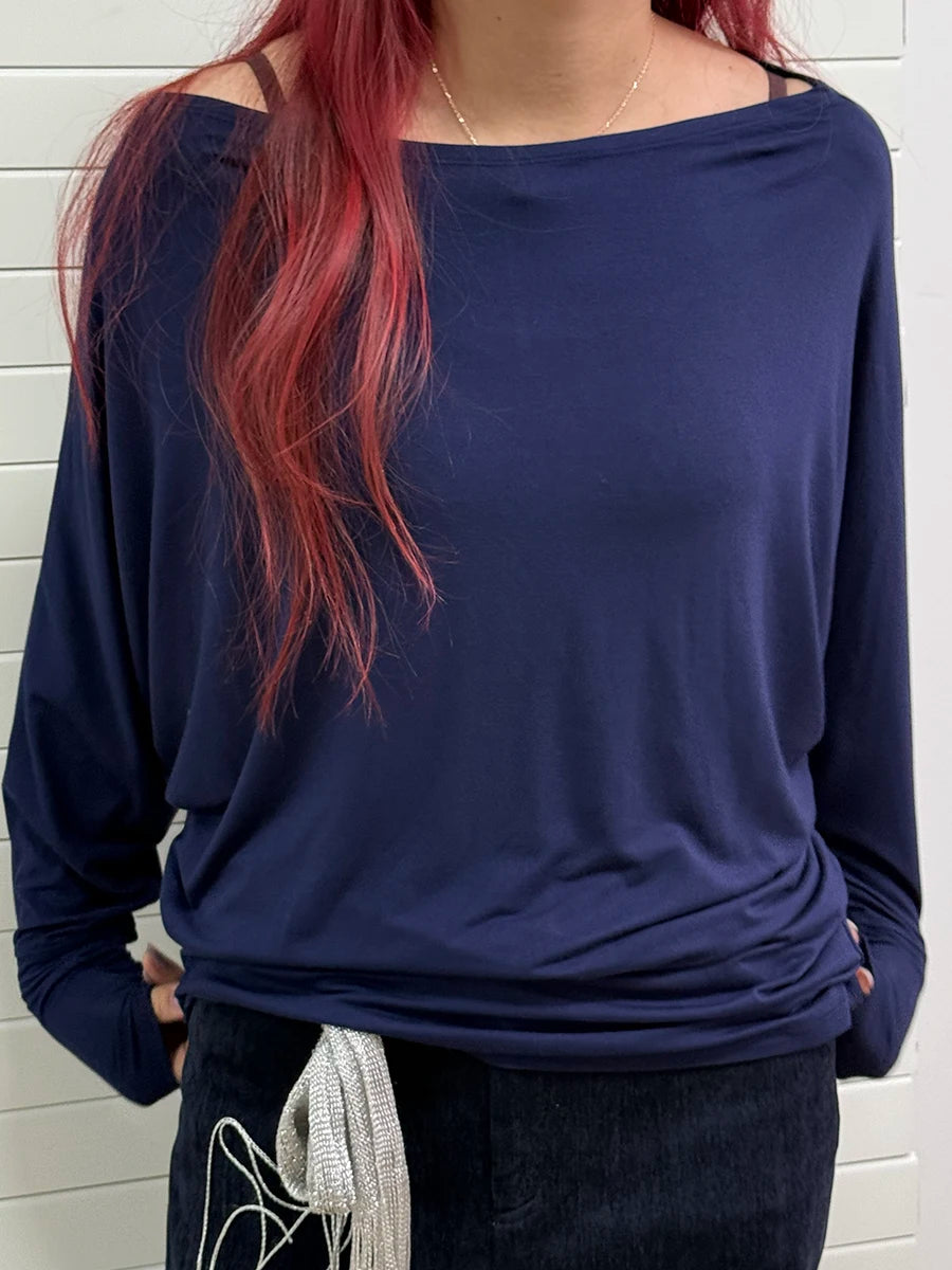 New Navy Long Batwing Sleeve T-shirts Woman Sweet Casual Slash Neck Cotton Tee Shirts Elegant Simple All-match Tshirts Y2k Tops