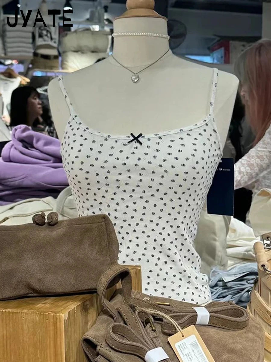 Sweet Floral Print Black Bow Camisole Women Summer New Cotton Casual Simple Preppy Vests Female Vintage Cute Chic Y2K Tank Tops