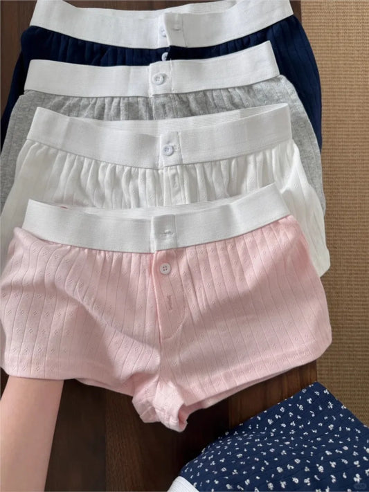 Eyelet Buttons Short Pants Women Simple Basic Slim Cotton Casual Patchwork Home Underwear Sweet Vintage Cute Chic Sweatshort