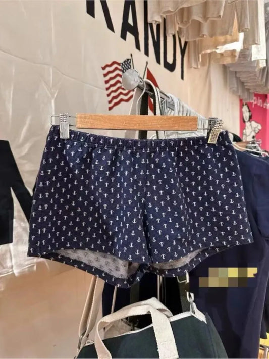 Navy Geometric Print Sweatshorts Woman Summer Elastic High Waist Cotton Short Pant Casual Vintage Sweet Home Straight Shorts Y2K
