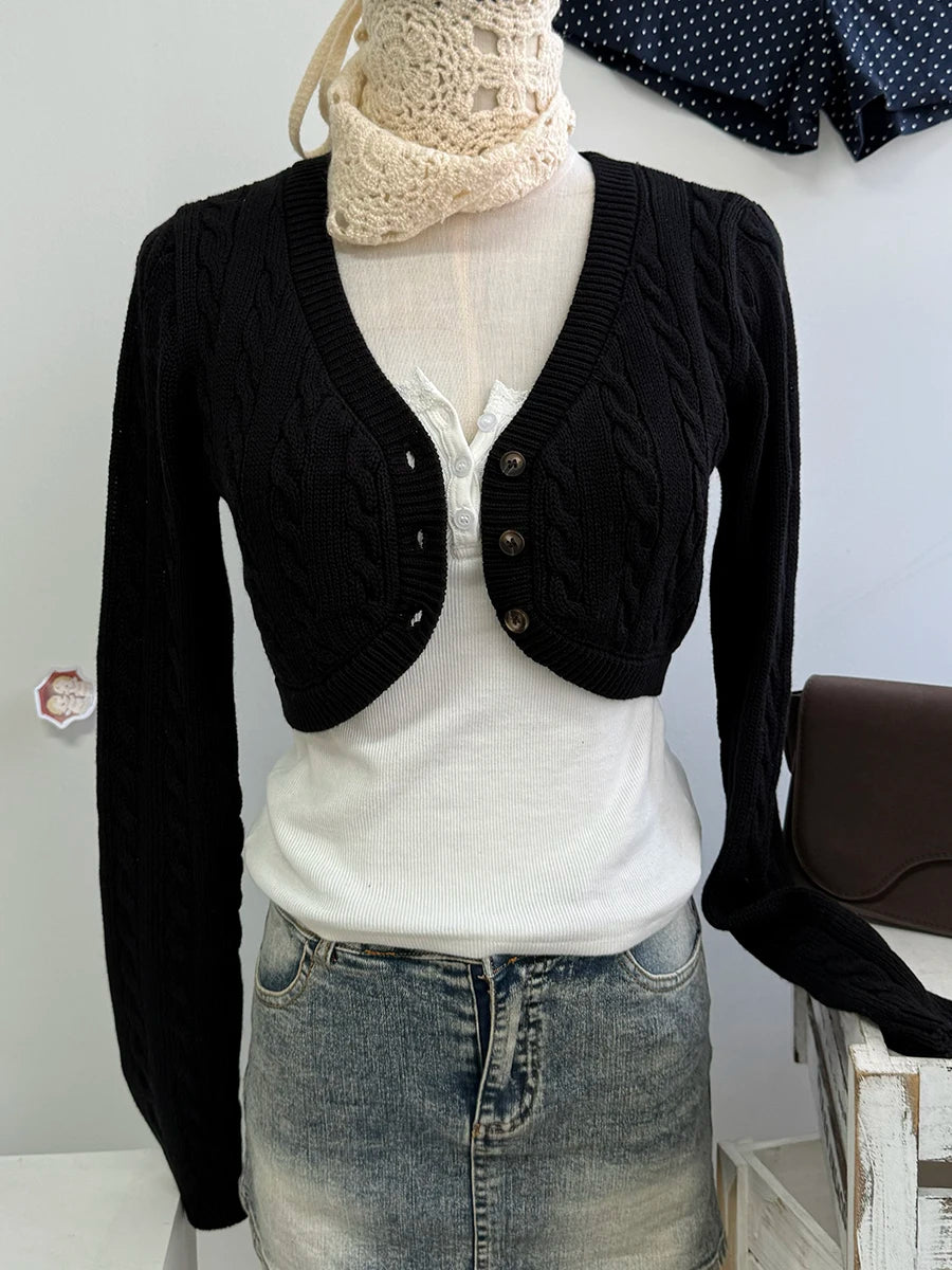Twisted Flower Cropped Knitwear Women Cotton V-neck Single Breasted Long Sleeve Slim Crop Tops Vintage Chic Sweater Cardigan Y2K