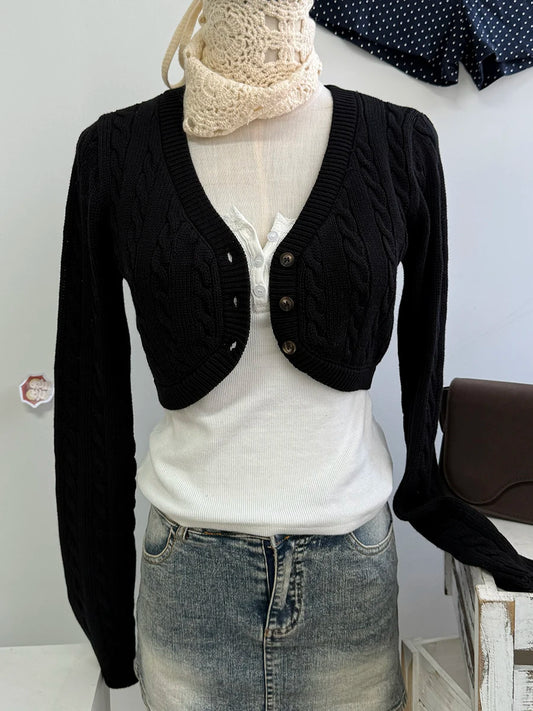 Cropped Knitwear Women Cotton Twisted Flower V-neck Long Sleeve Slim Crop Tops Sweater Vintage Chic Sweater Cardigan
