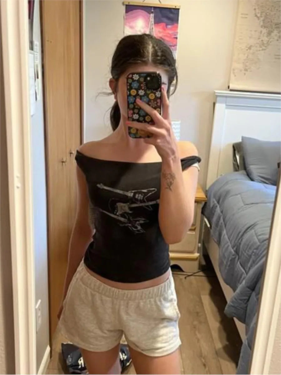 Harajuku Guitar Print Slim T-shirts Women Summer Roll Hem Sexy Slash Neck Cotton Tee Tops Vintage Streetwear Y2K Crop Tops New