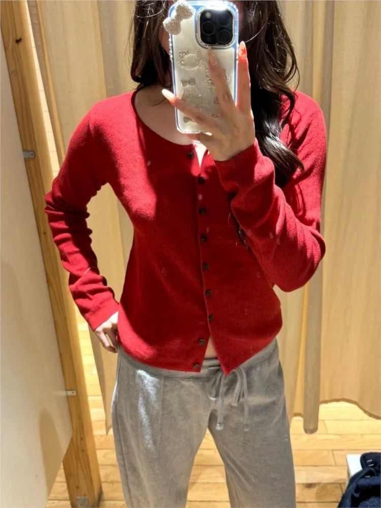 Simple Red Eyelet Cotton Knitted Cardigan Women Autumn New Casual Streetwear  Buttons Long Sleeve Coat Sweet Basic Sweaters Tops