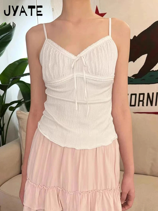 Sweet Texture Lace-up White V-neck Camisole Women New Slim Casual Lace Trim Sleeveless Vests Vintage Chic Preppy Style Crop Tops