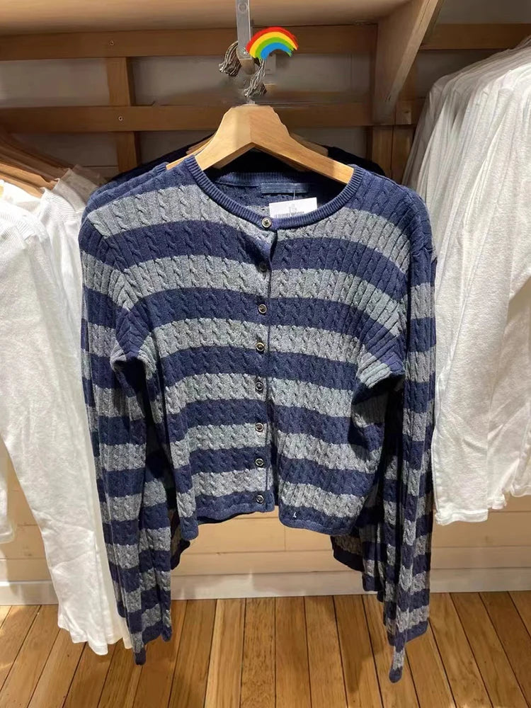 Stripes Twisted Flower Slim Cardigans Women O-neck Cotton Single-Breasted Autumn Sweater Casual Streetwear Vintage Knitwear Y2k