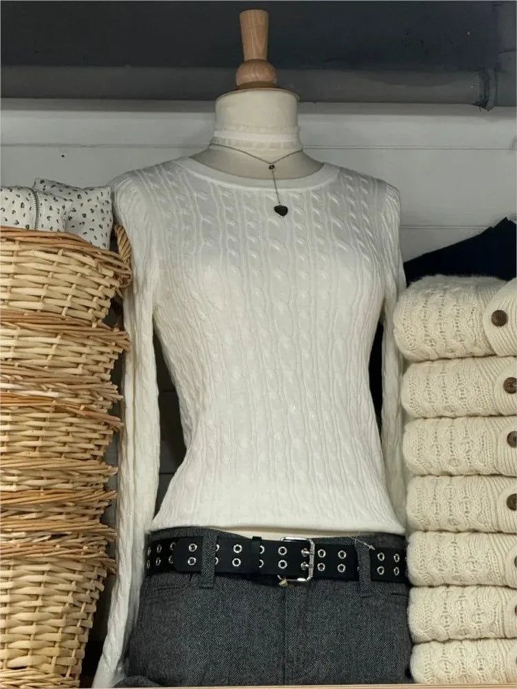 Twist Knitted Crop Tops Women Autumn Beige Casual Square Neck Slim Long Sleeve Pullover Sweet Cute Preppy Style Chic Sweaters