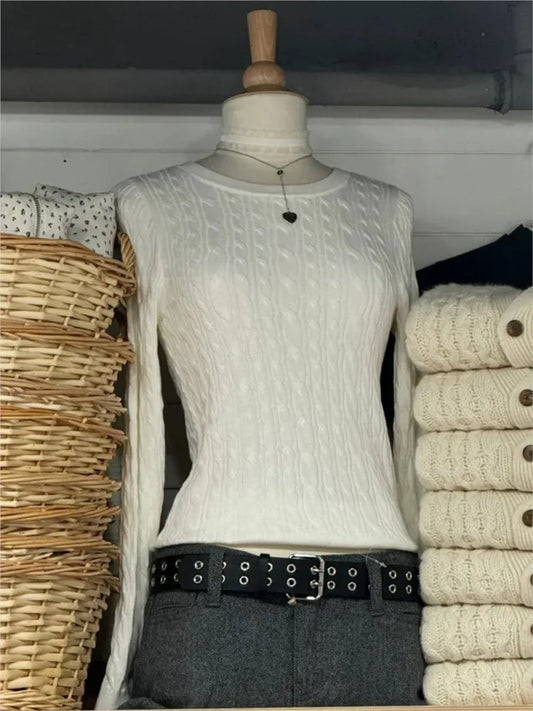 Twist Knitted Crop Tops Women Autumn Beige Casual Square Neck Slim Long Sleeve Pullover Sweet Cute Preppy Style Chic Sweaters