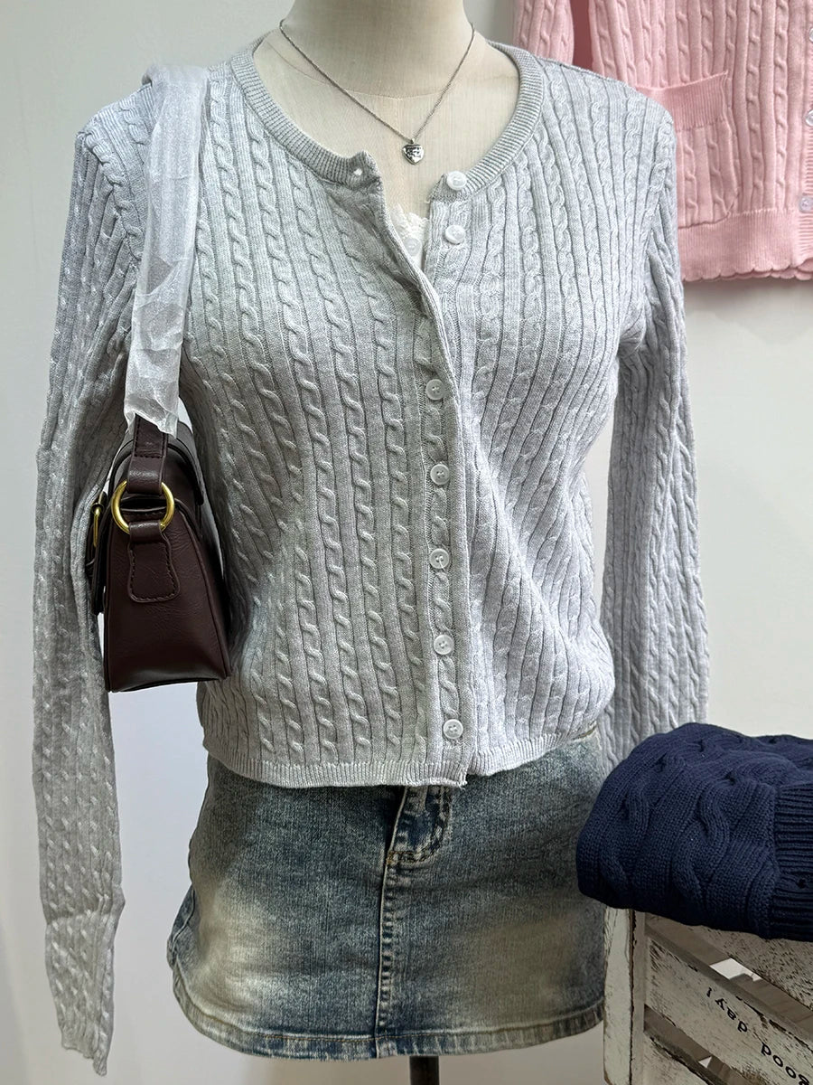 Brown Twsit Cardigan Women Spring Simple Casual Cotton Slim Button Long Sleeve Sweater Vintage Chic Preppy Style Sweaters Y2K
