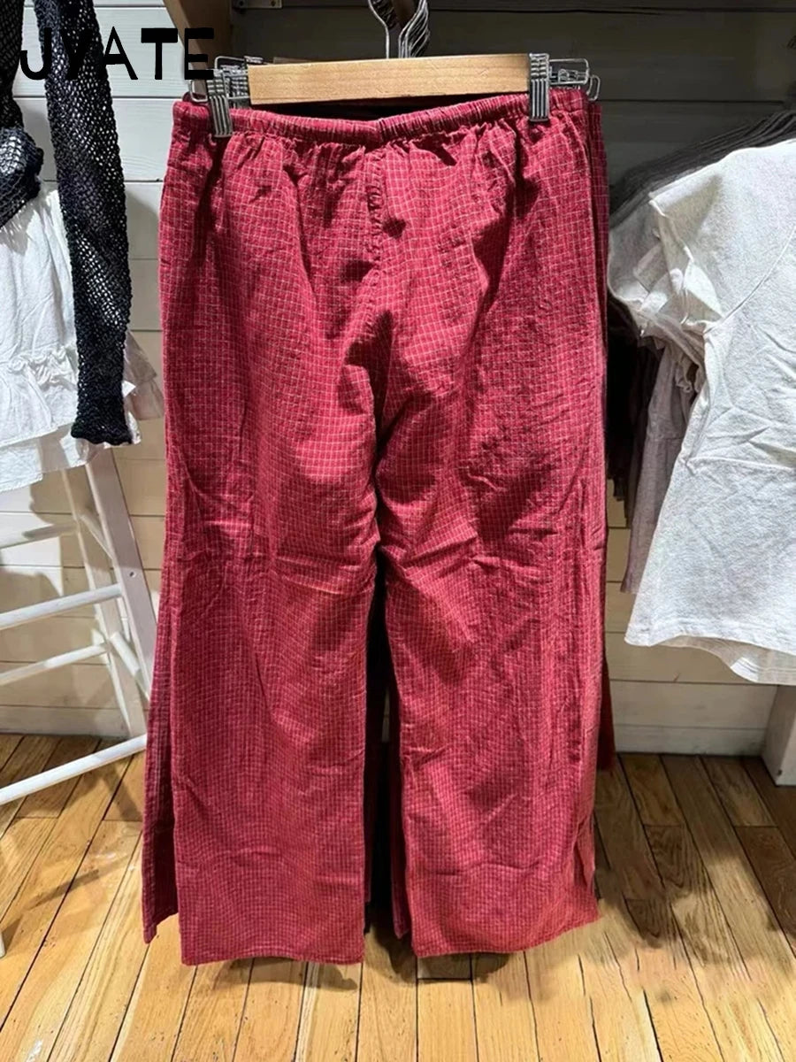 Sweet Red Plaid Drawstring Sport Pants Women Spring New Casual Chic Cotton Wide Leg Pant Harajuku Vintage Straight Trousers Y2K