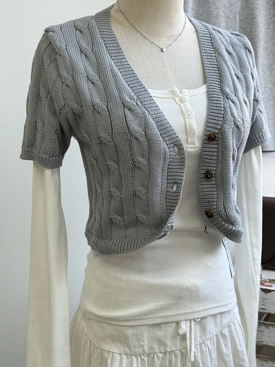 Twisted Flower Cropped Knitwear Women Cotton V-neck Single Breasted Long Sleeve Slim Crop Tops Vintage Chic Sweater Cardigan Y2K