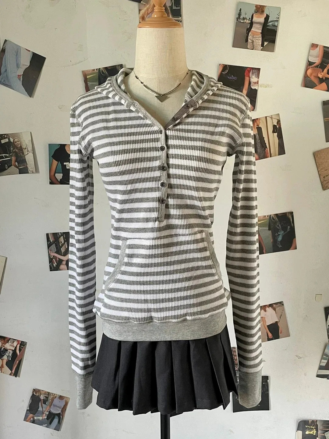 New Waffle Hooded T-shirt Women Casual Button Cotton Slim Long Sleeve Tee Shirt Vintage American Preppy Style Tshirt Y2k