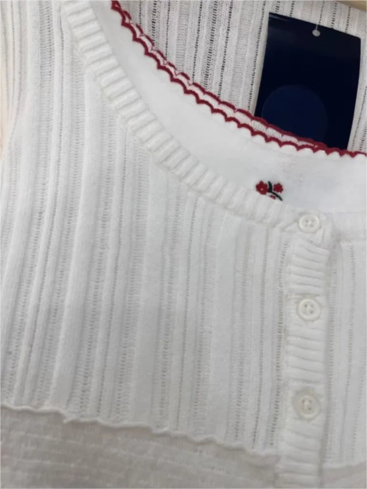 Sweet Hollow Out Slim Long Sleeve T-shirt Women Solid O-Neck Single Breasted Cotton Tees Simple Chic Knit Tshirt Y2K Tops New