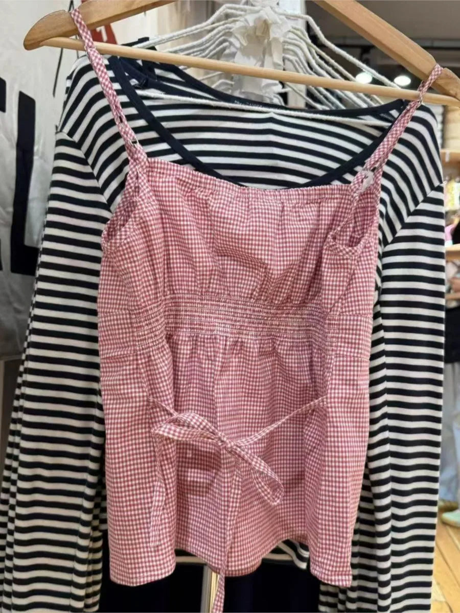 Pink Plaid Back Lace-up Camisole Summer Women New Sexy Cotton Button Lace Trim Slim Tank Tops Vintage Sweet Chic Vests Y2K OOTD