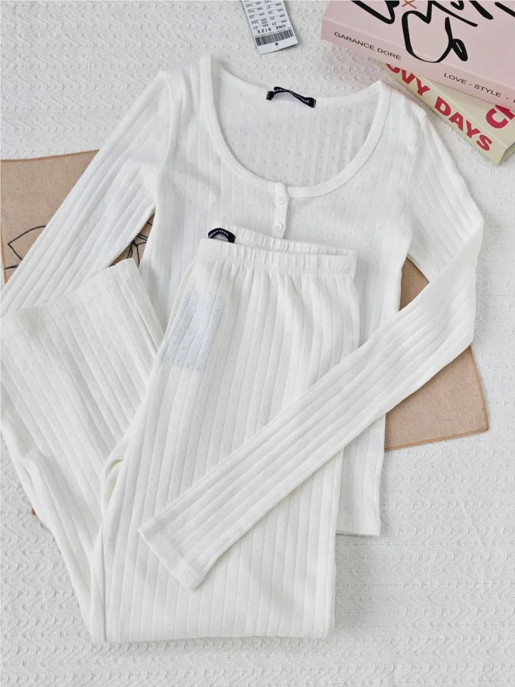 White Eyelet 2 Piece Sets Women Buttons Cotton Long Sleeve Tee+Elastic Waist Straight Trousers Home T-shirt Pant Pajama Set Y2K