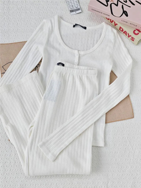 White Eyelet 2 Piece Sets Women Buttons Cotton Long Sleeve Tee+Elastic Waist Straight Trousers Home T-shirt Pant Pajama Set Y2K