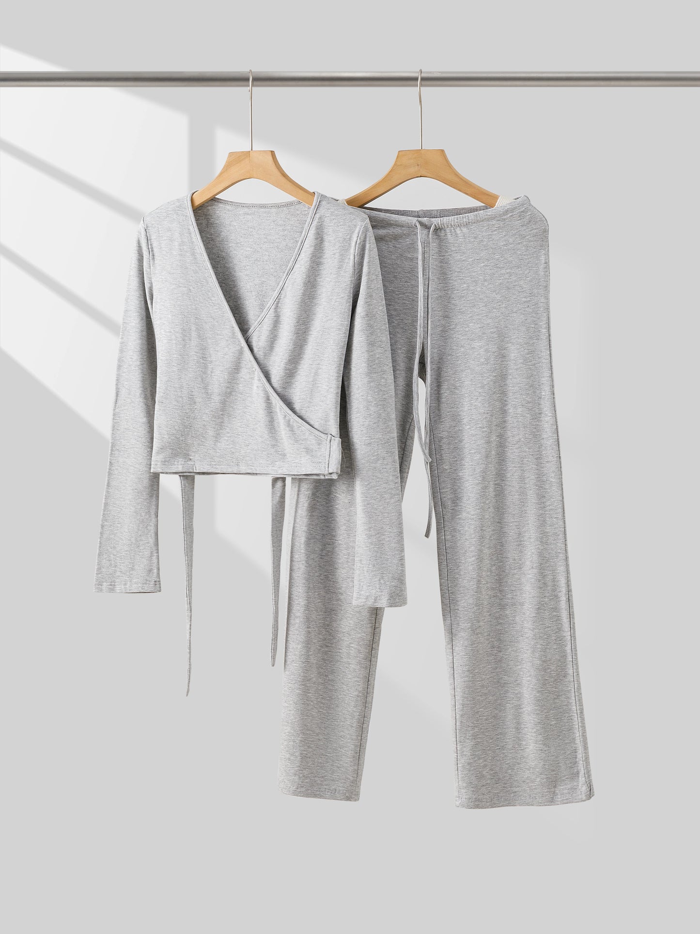 Sweet Lounge Set Vintage 2 Piece Outfit Women Fashion Casual V-neck Waist Tie T-shirt + Elastic Waist Pants Long Sleeve Crop Top