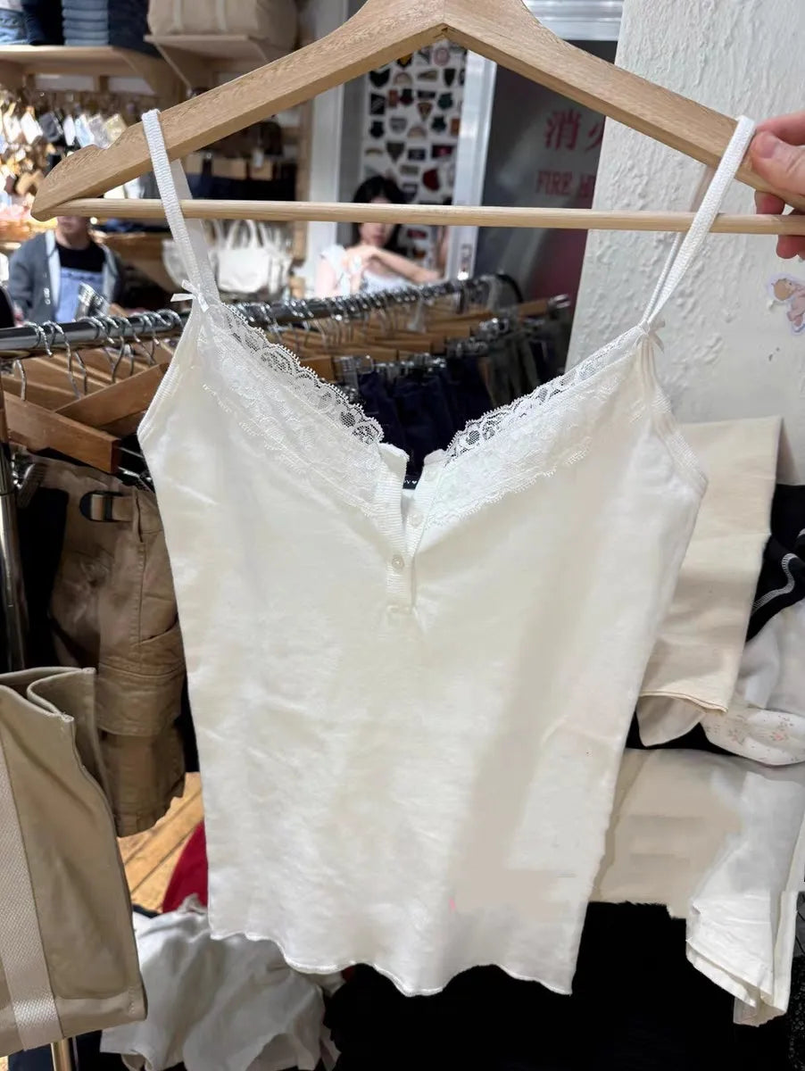 Lace Trim Four Buttons Slim Tank Top Woman Summer V-neck Sleeveless Cotton White Simple Vest Vintage Sweet Basic Camisole