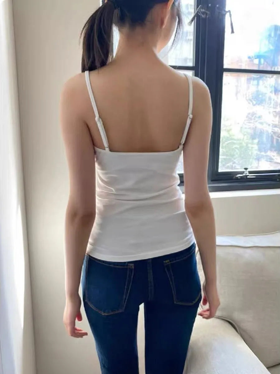 White Bow V-neck Folds Tank Tops Women New Casual Slim Adjustable Shoulder Strap Vests Vintage Sweet Preppy Style Camisole Y2K