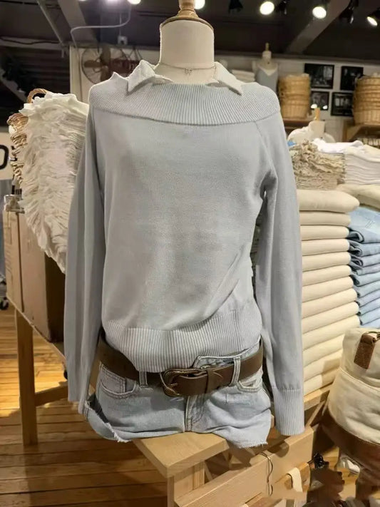 Simple Gray Blue Slash Neck Slim Knitted Sweater Women Casual Long Sleeve Cotton Pull Sweaters Sweet Preppy Style Jumpers Y2K