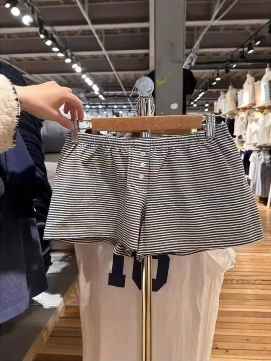 Fashion Striped Buttons Short Pants Women Summer Casual Elastic High Waist Home Underwear Vintage Cute Preppy Style Y2K Shorts