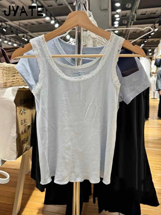 New Sweet Blue Lace Trim Tank Tops Women Summer Cotton Slim Sexy Simple Sleeveless Vests Harajuku Vintage Cute Camis Y2K Clothes