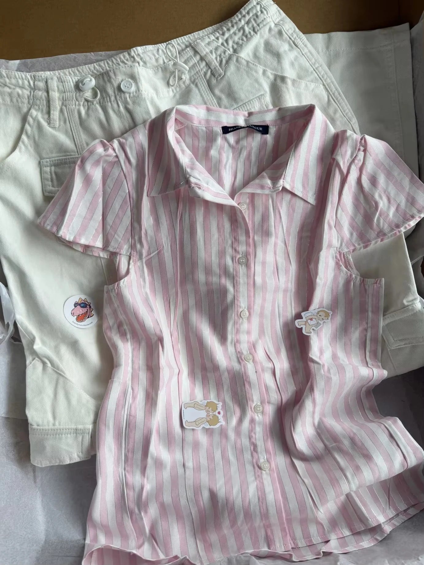 Pink Striped Blouse Women Summer Streetwear Silver Line Slim Short Sleeve Buttons T-shirts Sweet Cute Preppy Style Tshirt Y2K
