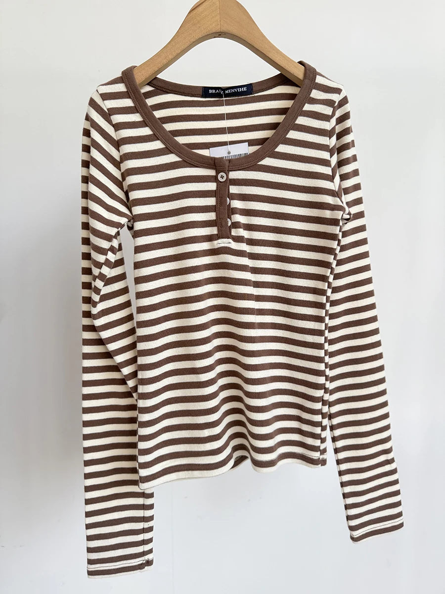 Brown Striped Long Sleeve Tees Women Autumn Streetwear Casual Cotton Buttons Slim Zelly Tops Retro Simple Chic T-shirts New Y2K