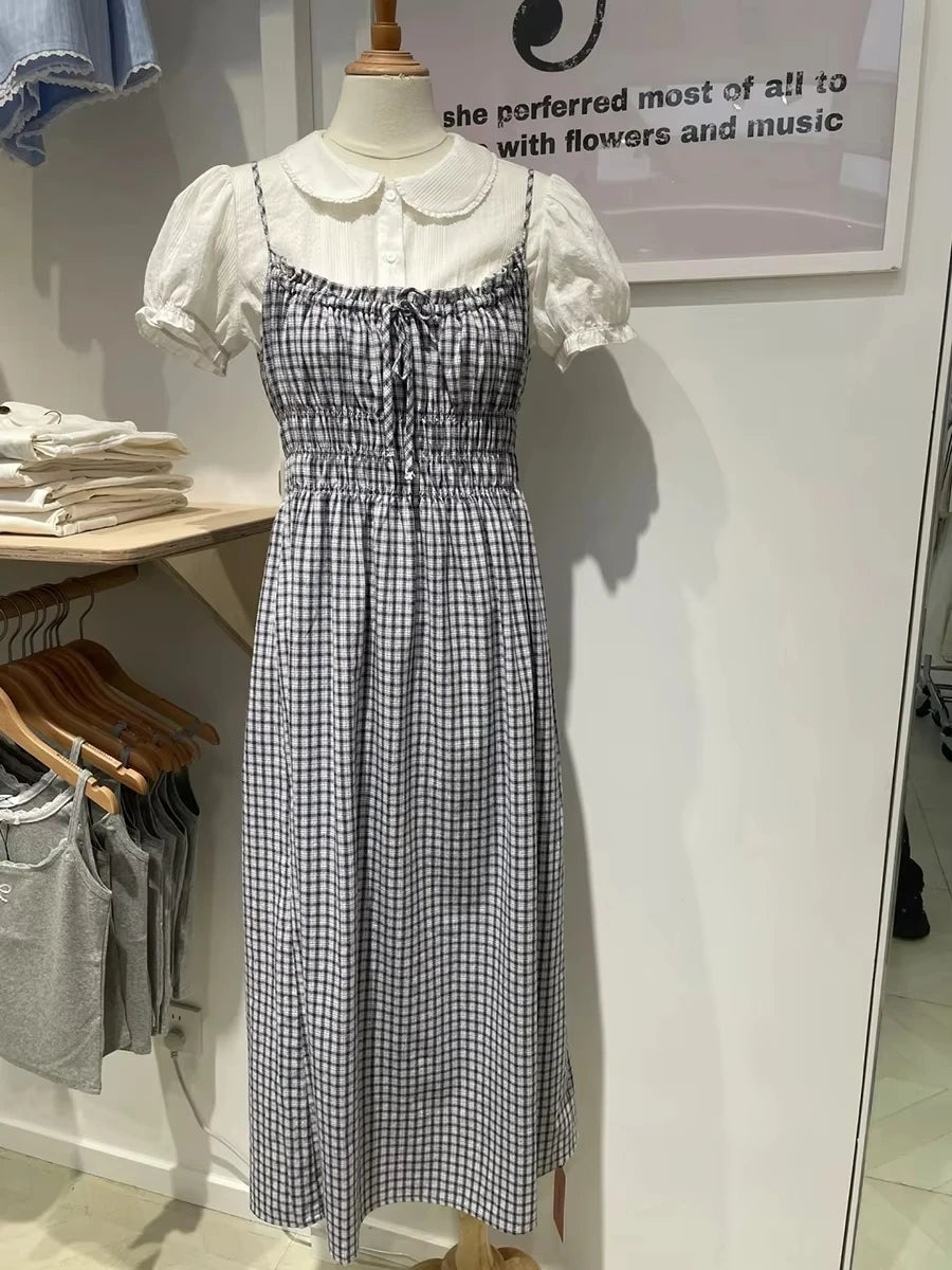 Retro Red Plaid Ruffles Camisole Dress Women High Waist Backless Lace-up Sleeveless Long Dresses Vintage Cute Sweet Y2K Vestidos