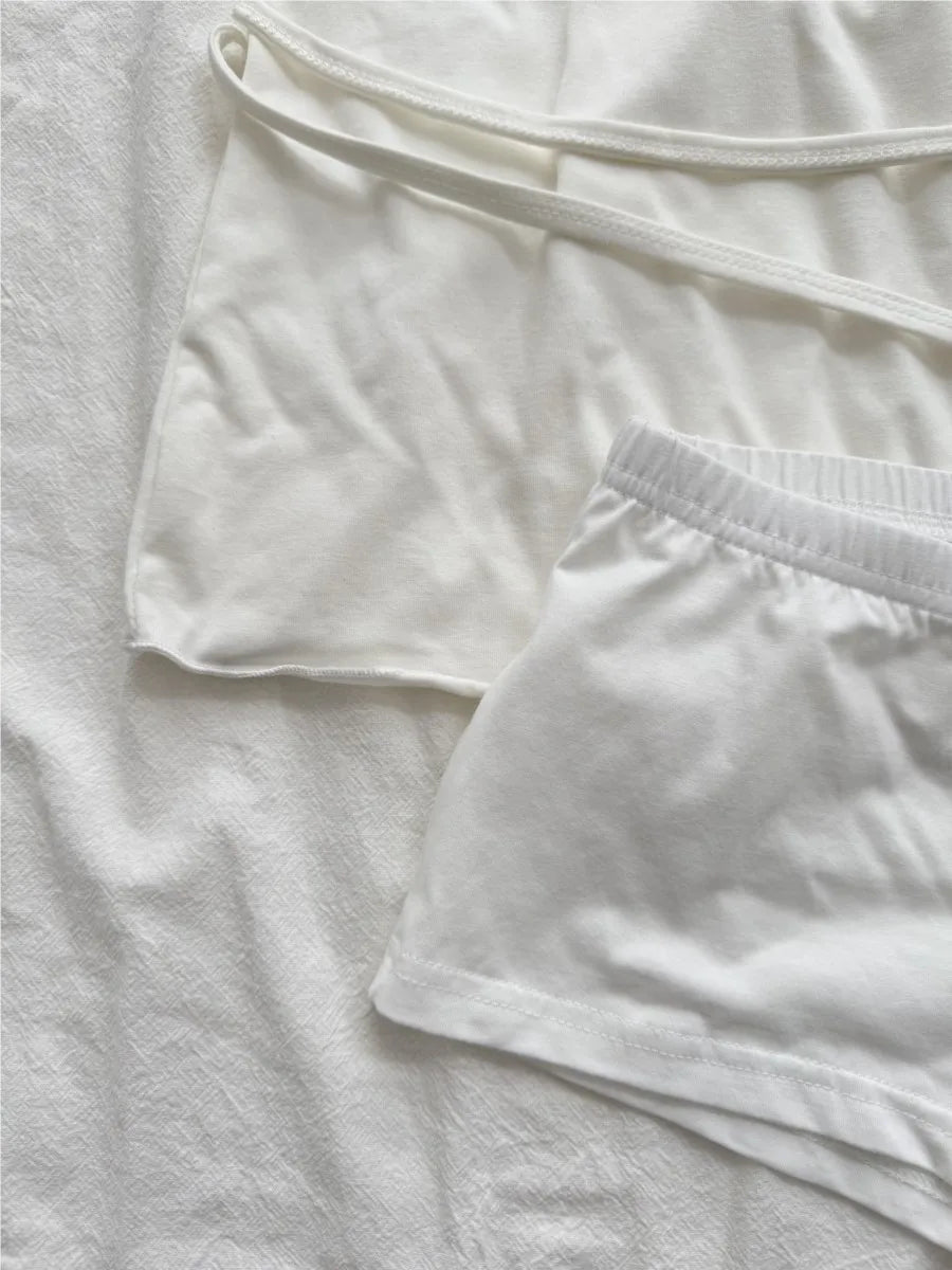 White Back lace-up T-shirt Shorts 2 Pieces Sets Women Cotton Slim Buttons Crop Top+Bow Home Shorts Sweet Two Piece Clean Outfit