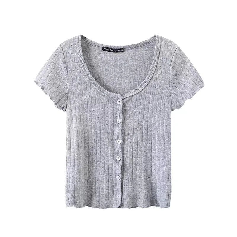 Sweet Pink Eyelet Slim Short Sleeve Tees Women Summer Basic Cotton Buttons Streetwear Crop Tops Vintage Cute Chic T-shirts Y2K