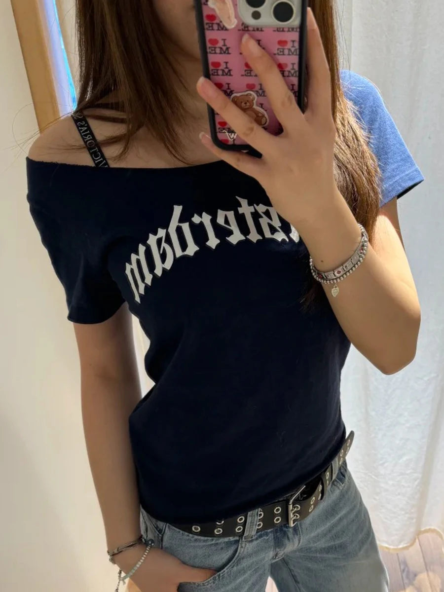 Retro Raw Hem Slash Neck Crop Top Women Simple Letter Print Slim Cotton Short Sleeve Tee Vintage Sweet Preppy Style Tshirt Y2K