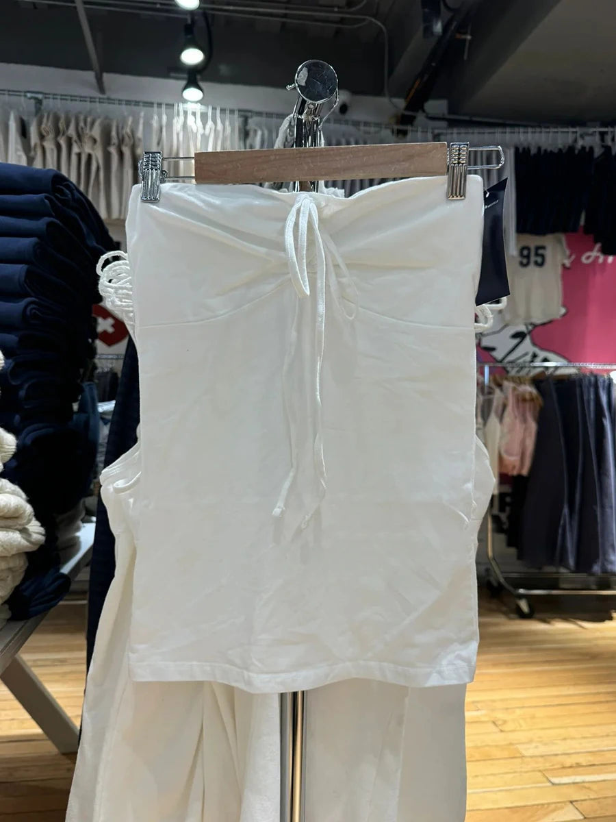 Cute White Drawstring Folds Strapless Tank Top Women Summer Cotton Slim All-match Camis Female Sweet Preppy Style Vest Y2K Tops
