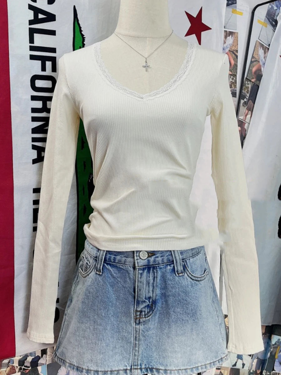 Sweet Lace Trim Ribbed Long Sleeve Tees Women New Cotton Slim Solid V-neck Tops Clothes Female Vintage Cute Chic T-shirts Y2K