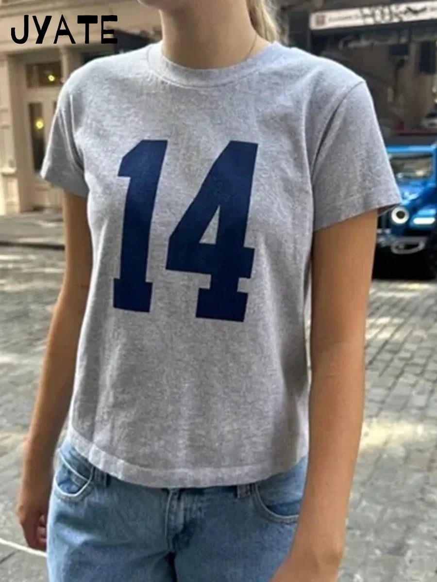 Classic Number Graphic Print Cotton T-shirts Women Summer Soft Casual Loose O-neck Short Sleeve Tees Vintage Streetwear Y2K Tops