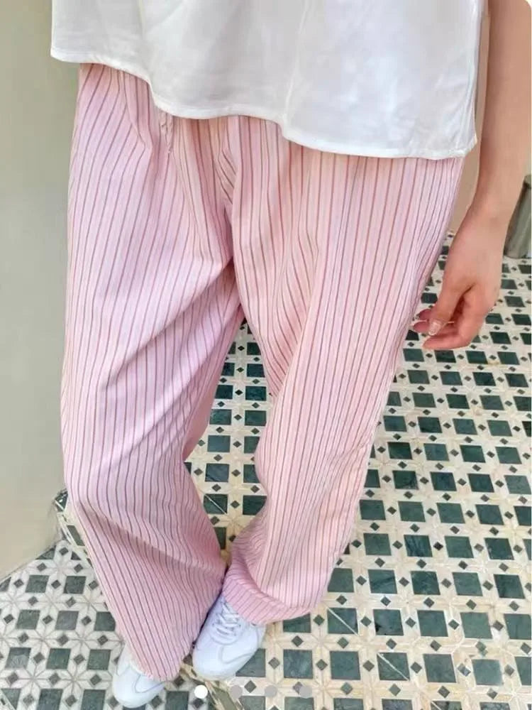 Pink Striped Drawstring Straight Sweatpants Women New Y2K Cotton Linen High Waist Trousers Sweet Preppy Style Sport Long Pants